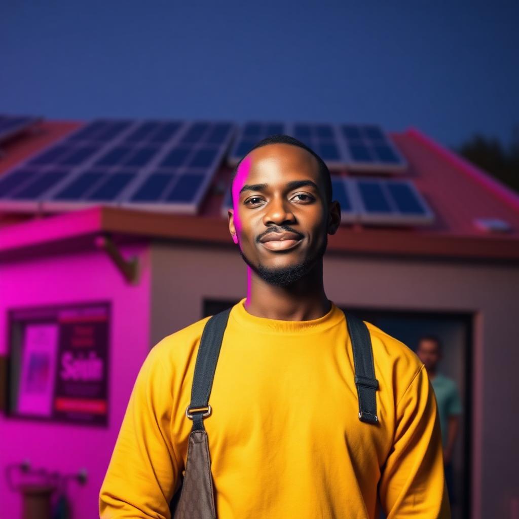 Nigerian business owner standing in front of a shop with rooftop solar